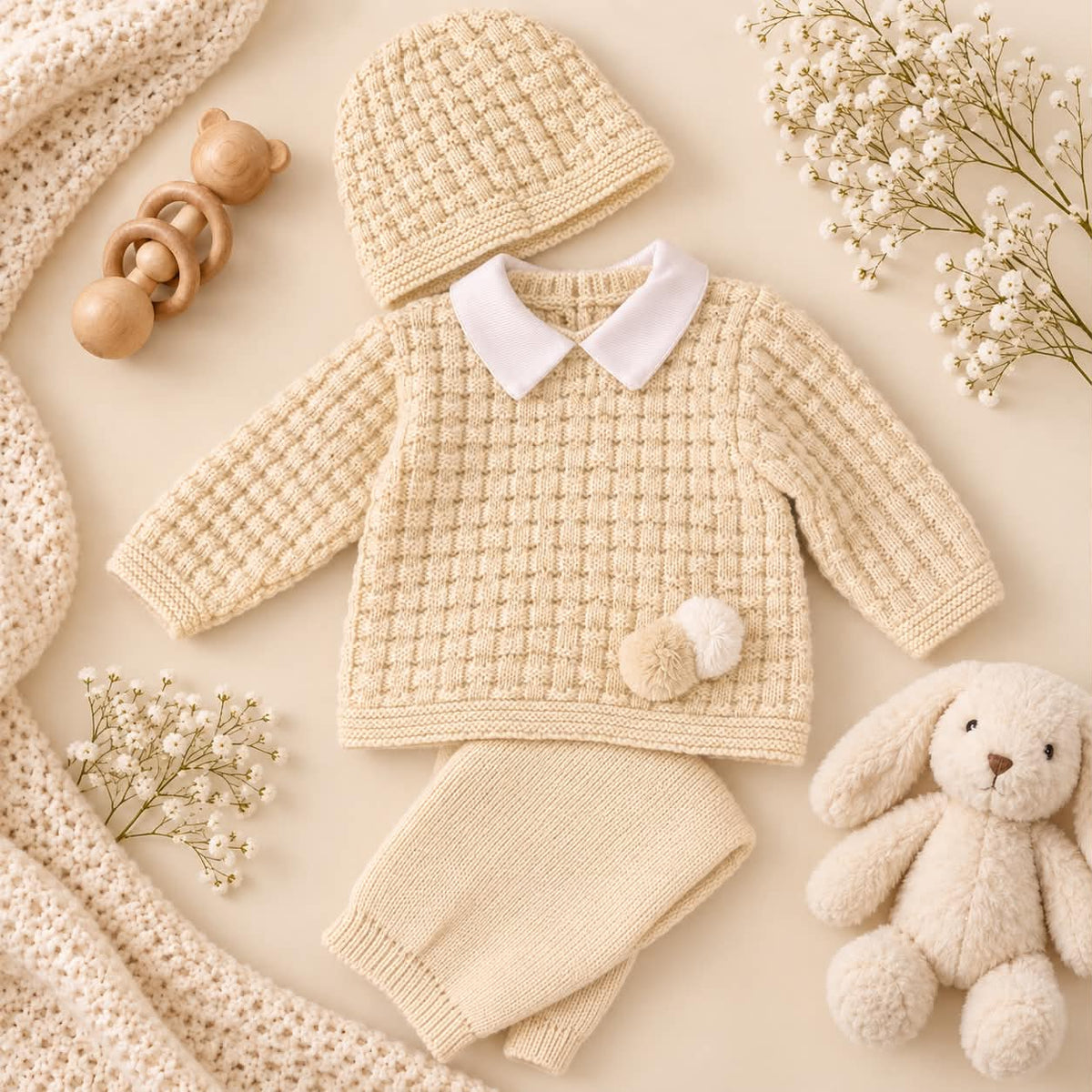 Beige Knitted 3 Piece Pom Pom Set