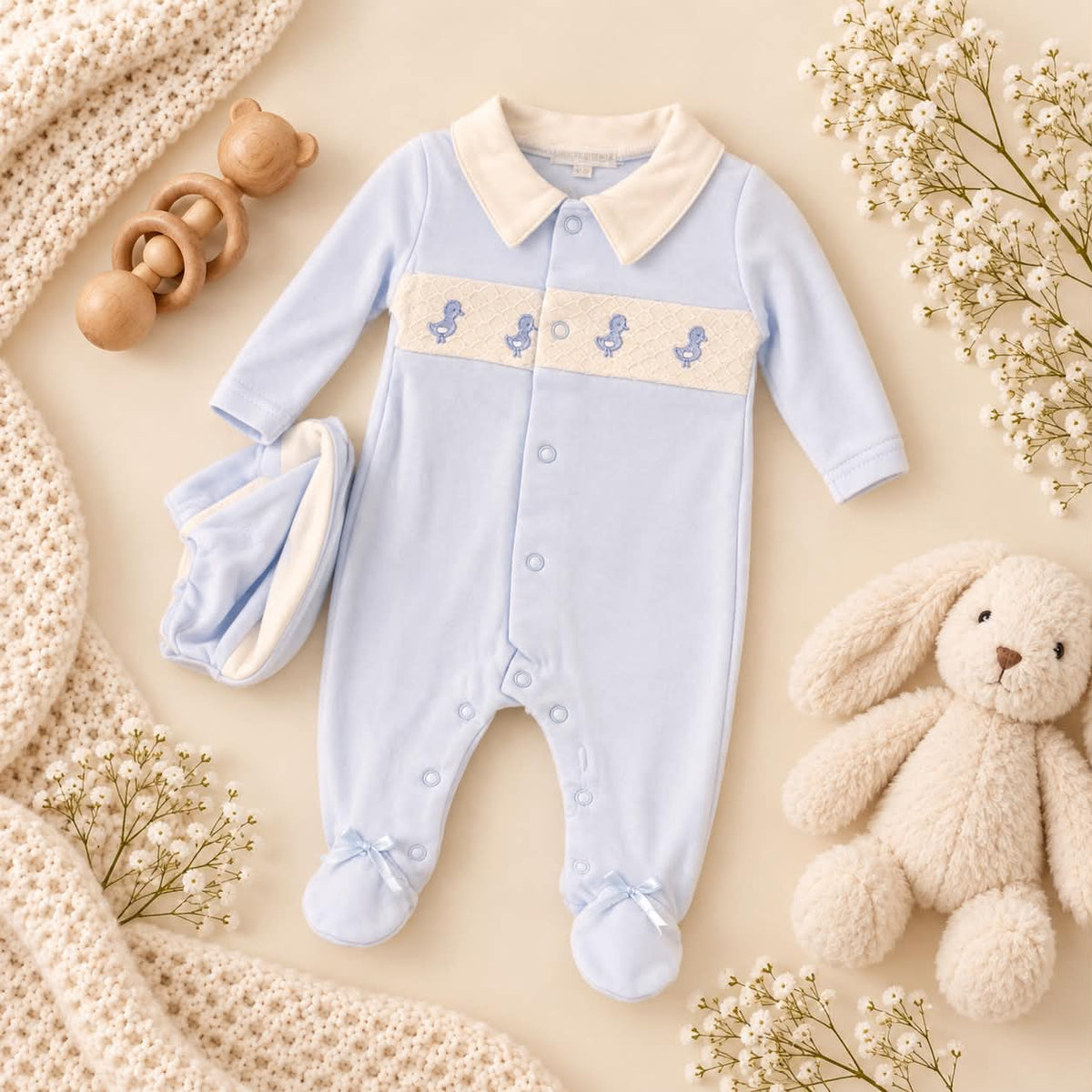 Blue Duck Embroidered Baby Grow and Hat