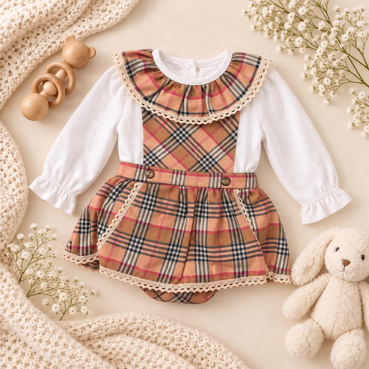 Camel Check Spanish Romper Set