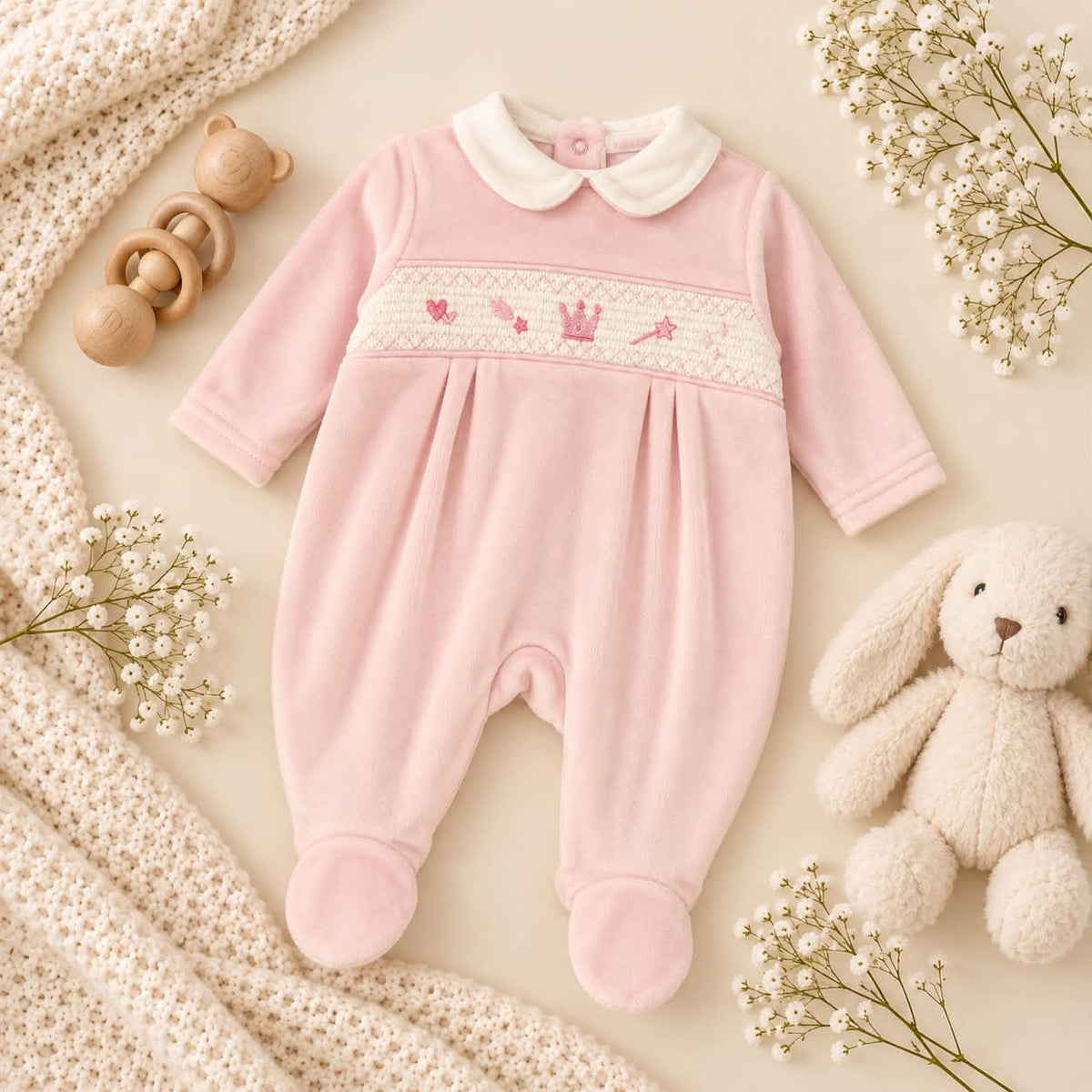 Pink Princess Velour Baby Grow
