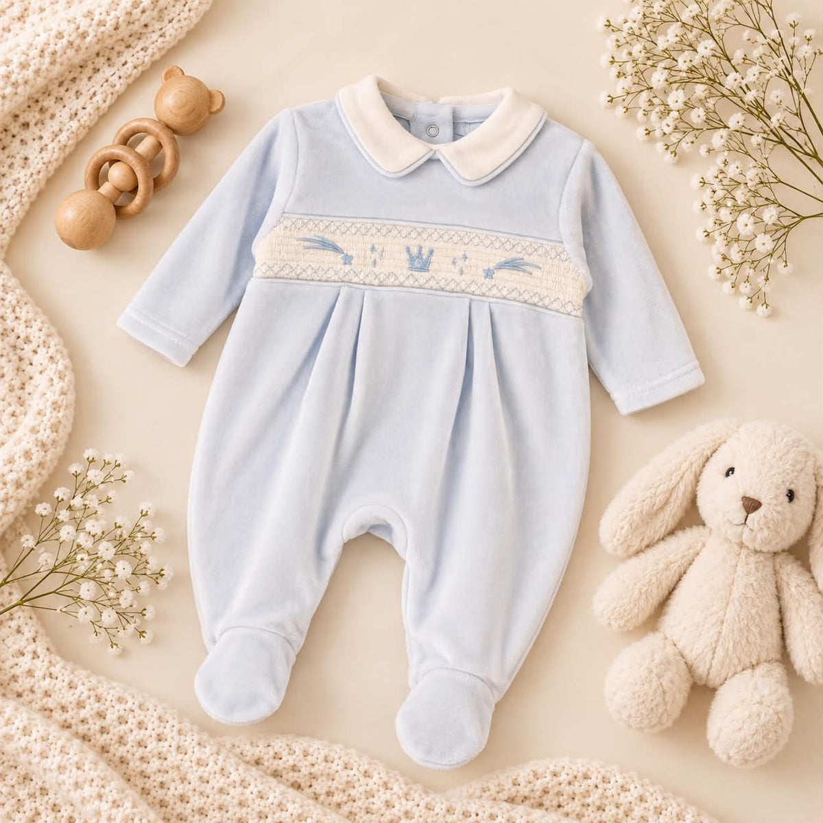 Blue Prince Velour Baby Grow