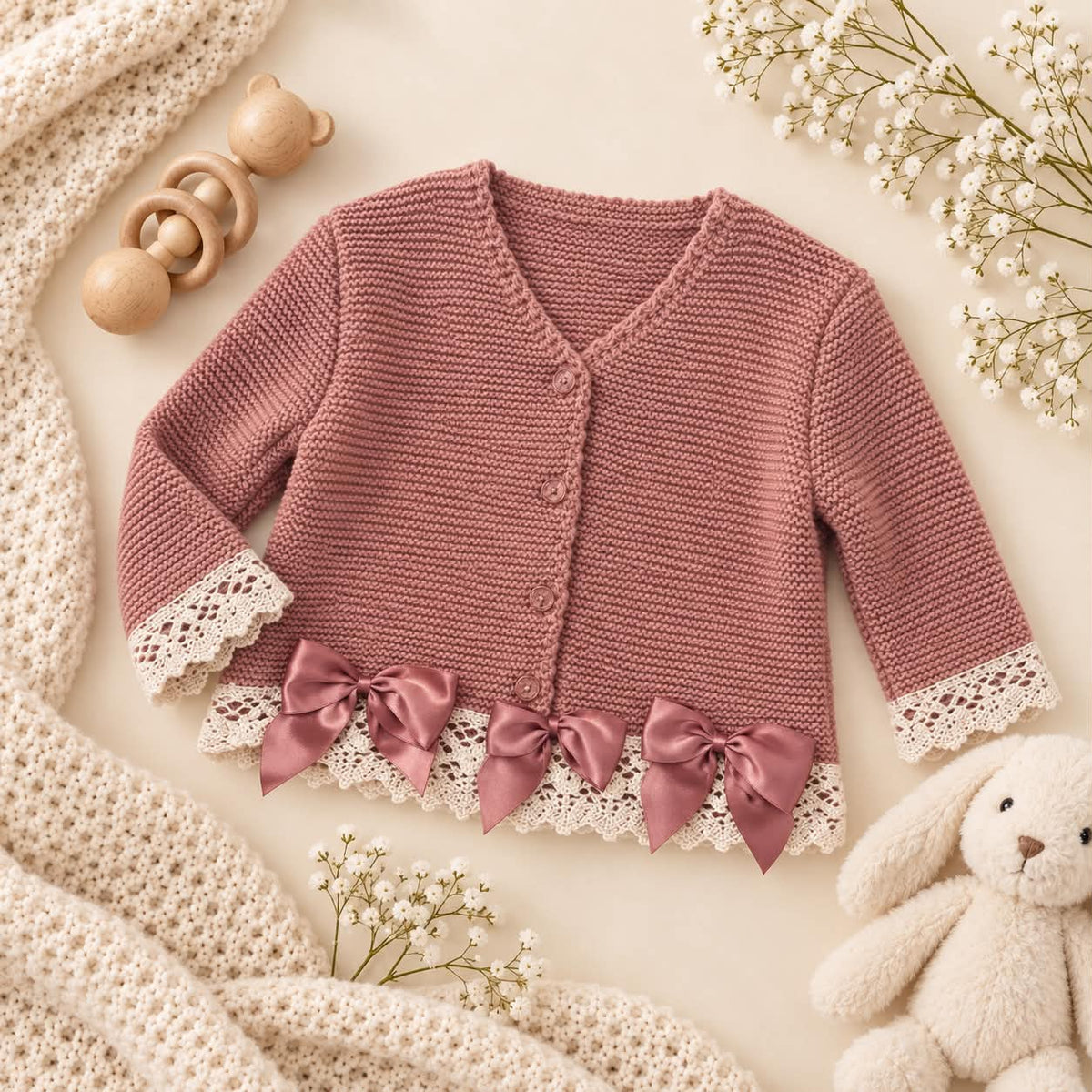 Dusty Rose Knitted Bow Cardigan