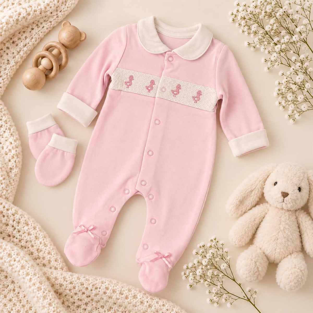 Pink Duck Embroidered Baby Grow With Hat